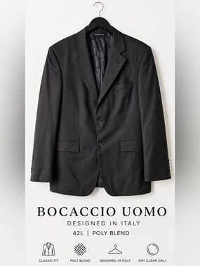 Bocaccio Uomo 42L Black Pinstripe Sport Coat Blazer 2 Button Classic Fit